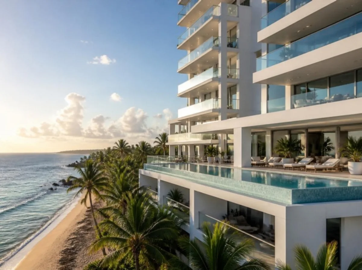 Oceanfront apartment tower with an infinity pool and palm trees